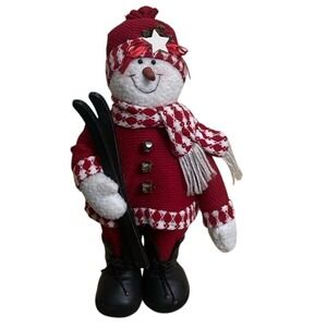 Holiday Snowman Figurine Red White Knit Sweater Skis Winter Decor Plush 12 Inch